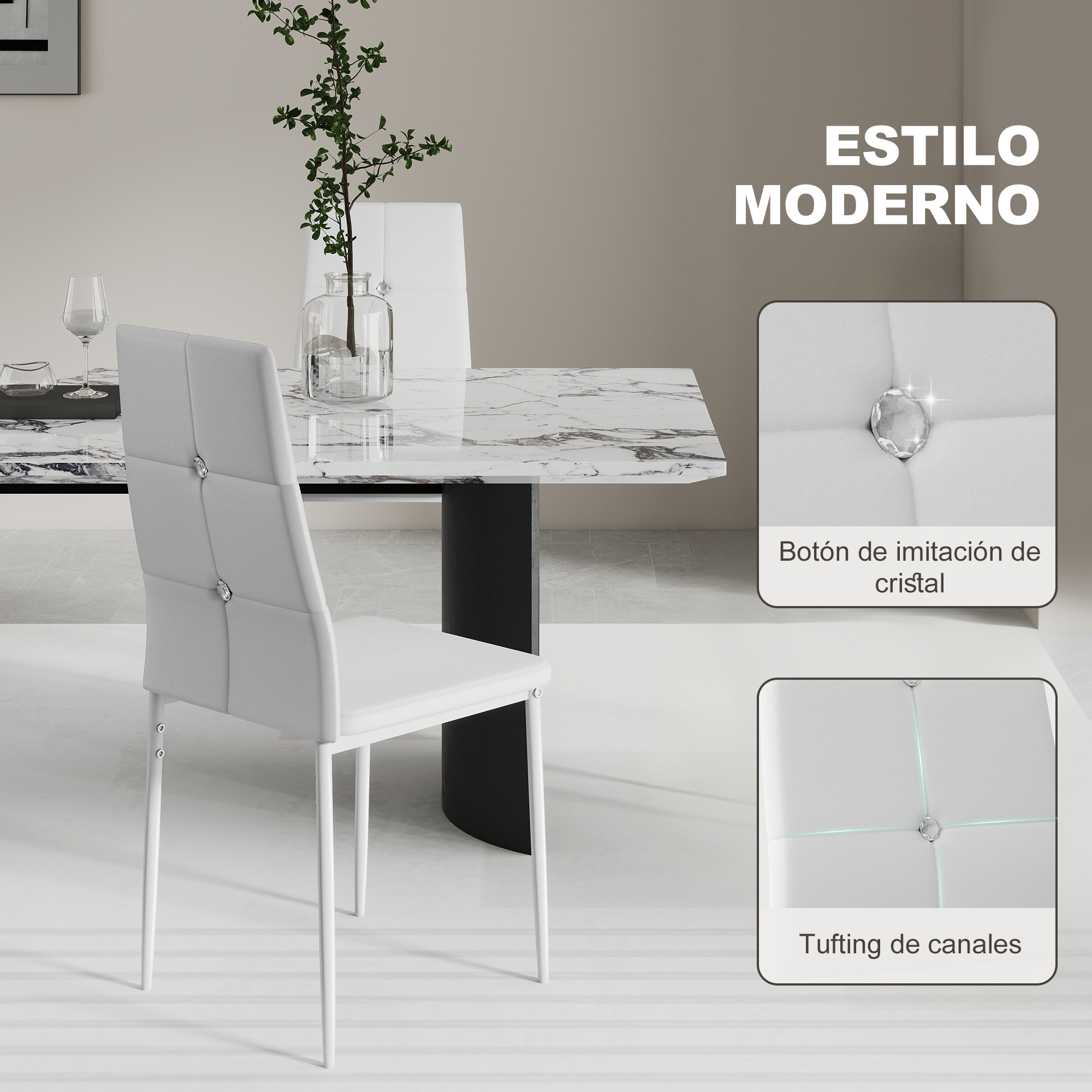Juego de 6 Sillas de Comedor Tapizada en PU Sillas de Cocina con Respaldo Alto con Botones y Patas de Acero Diseño Moderno para Salón Dormitorio Blanco