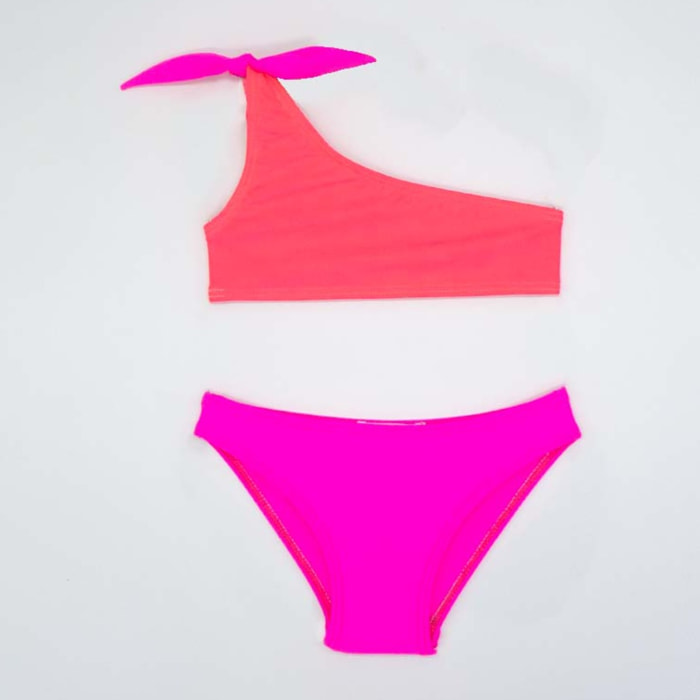 BIKINI ASIMETRICO FUCSIA Y CORAL