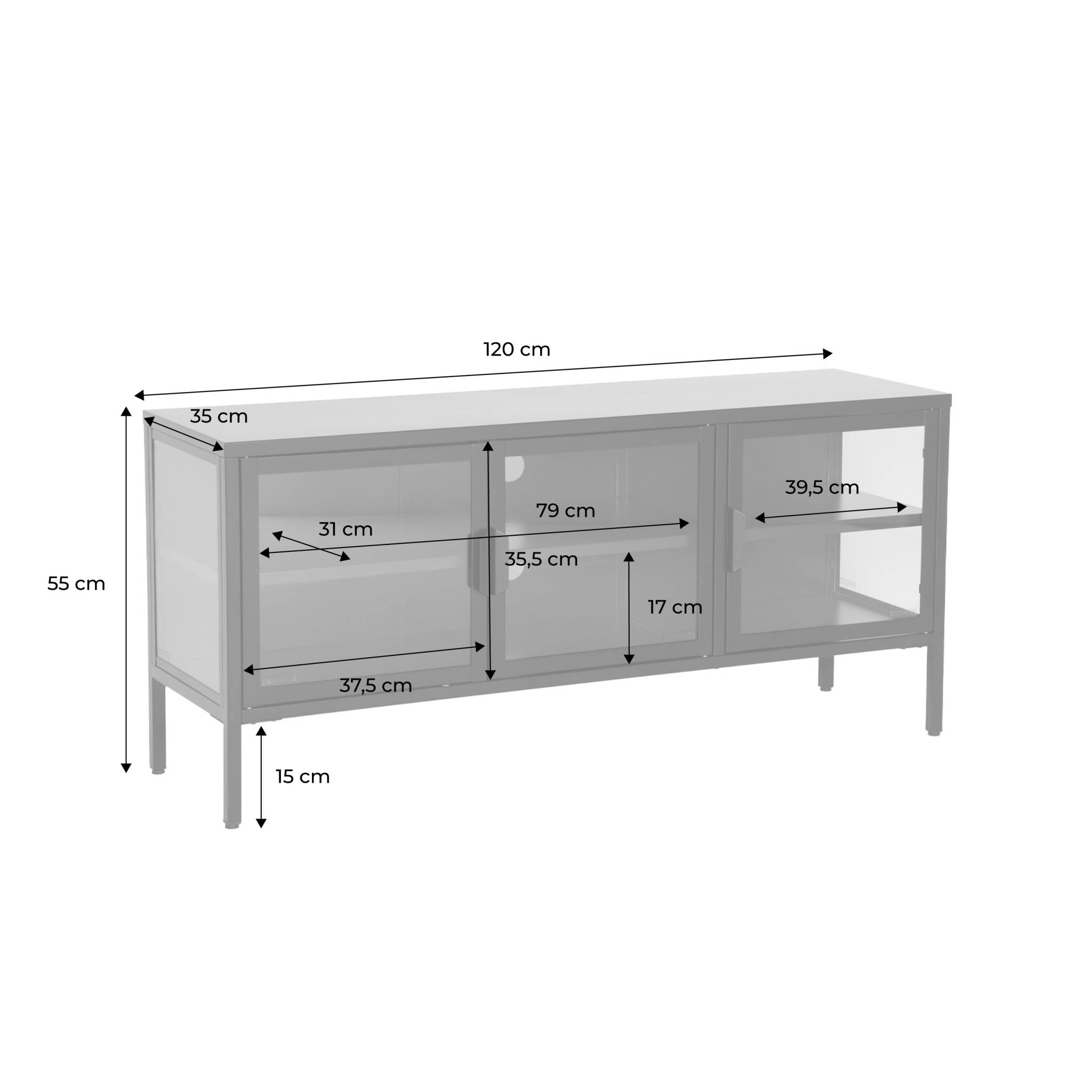 Meuble TV industriel métal et verre trempé 3 portes 120cm ARKANSAS