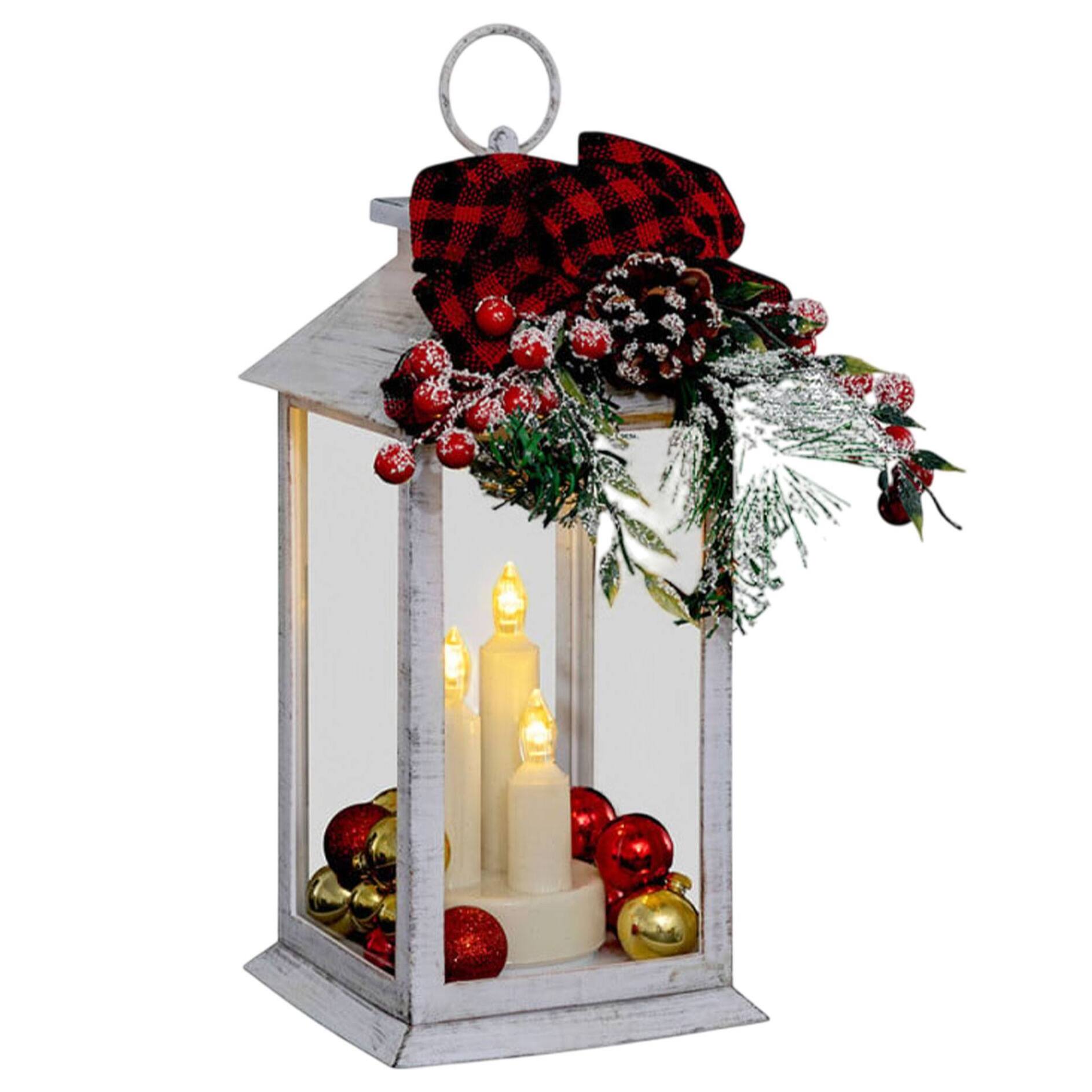 farolillo decorativo navideño con luz led cálida imitación velas en diseño blanco con lazo y ramitas h.29cm