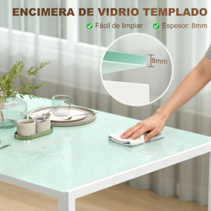 Mesa de Comedor de Cristal, Mesa Rectangular para 6 Personas con Patas de Metal, para Cocina, Salón, 140x80x75 cm, Blanco