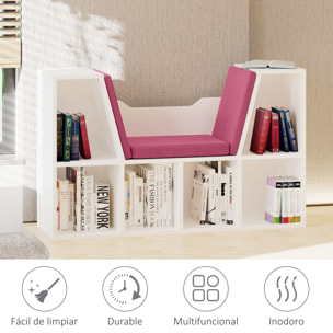 Librería con Asiento, Estantería de Libros con 6 Cubos, Estantería Almacenamiento con Banco con Cojín, Multiusos para Sala de Estar, Oficina, Dormitorio, 102x30x61cm, Blanco y Rosa
