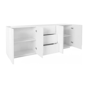 Credenza moderna a 4 ante e 3 cassetti, Made in Italy, Madia da cucina con dettaglio, Buffet di design da soggiorno, cm 224x44h86, colore Bianco lucido