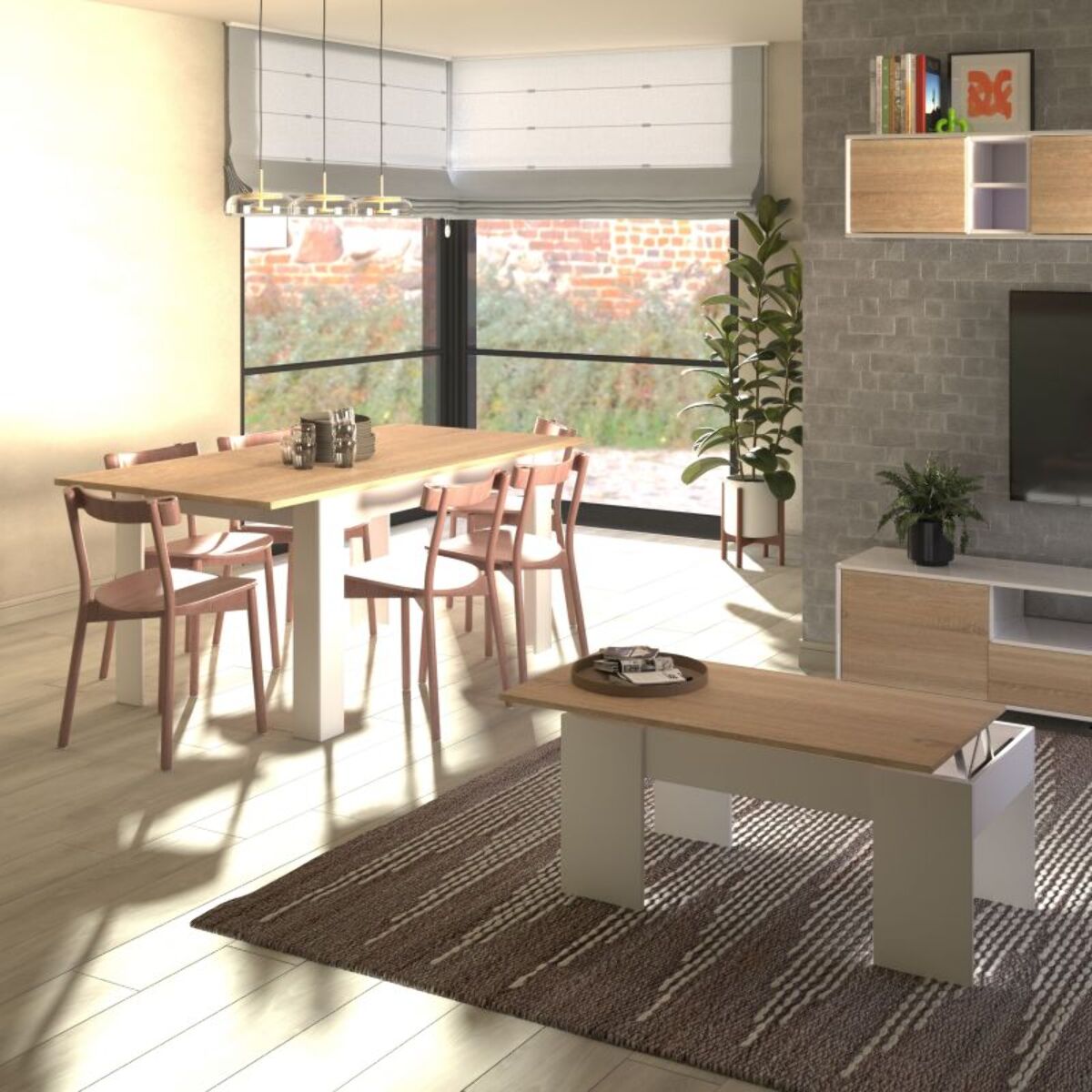 Pack mesa de comedor 123 y mesa de centro Vita Blanco Artik (Blanco Mate) - Roble Canadian