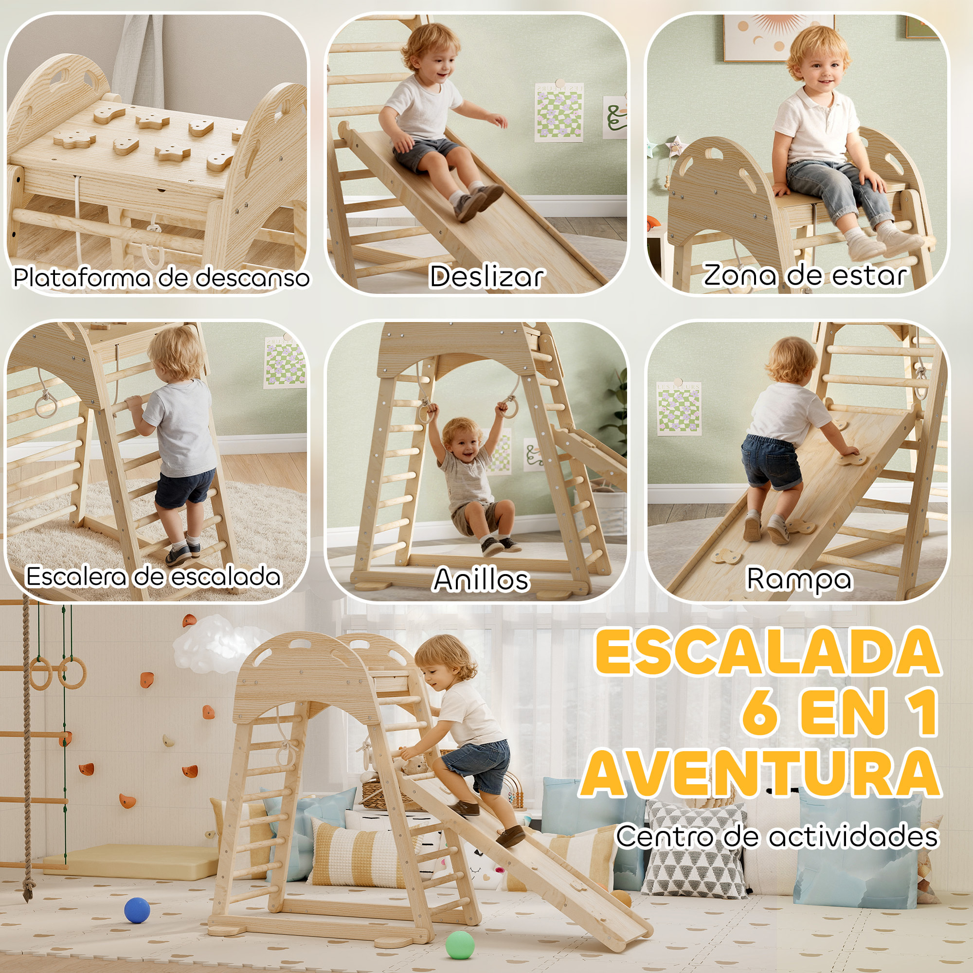 6 en 1 Triángulo de Escalada Montessori, Estructura de Escalada de Madera con Plataforma, Anillos y Tobogán, para Deslizarse o Escalar, para Niños de 18-48 Meses, Interiores, Natural