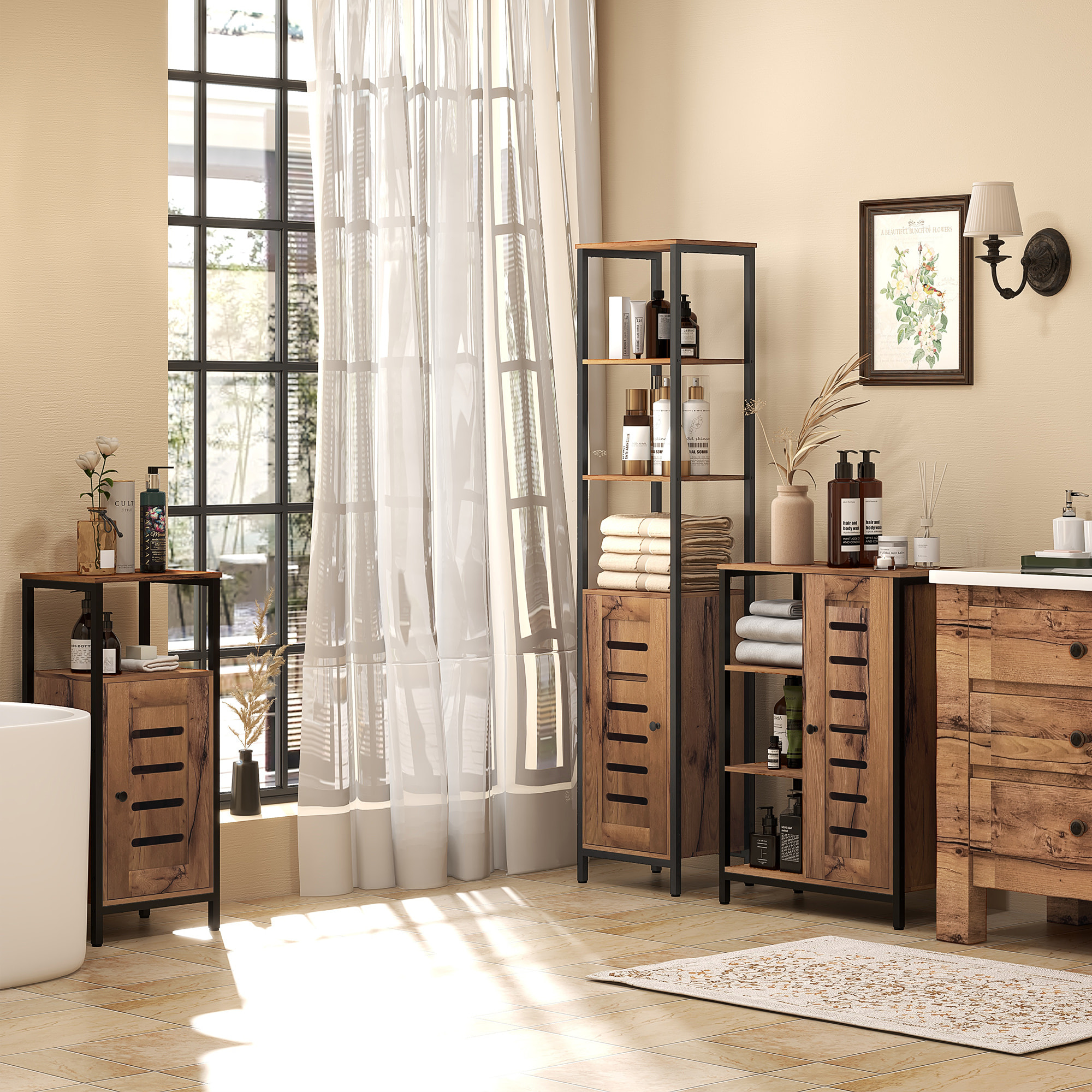 Meuble bas de salle de bain avec porte, armoire de toilette structure en acier, meuble colonne sur pied avec niche ouverte et étagère réglable, 37 x 30 x 85 cm, brun rustique