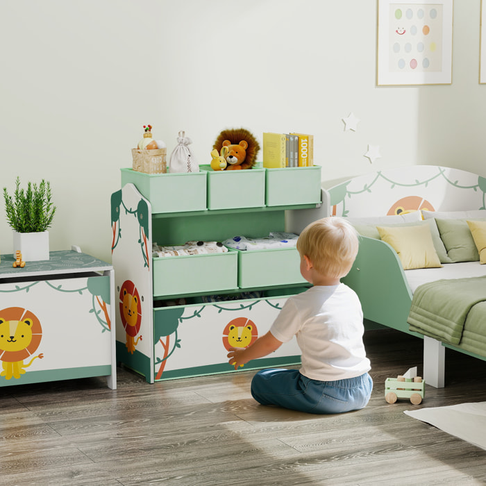 Étagère de rangement enfant design lion - 6 tiroirs en tissu - MDF - vert
