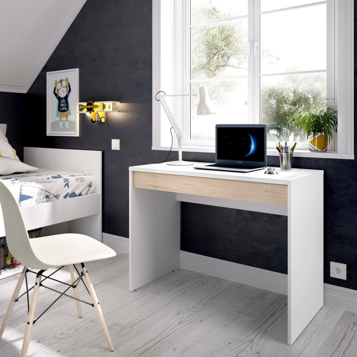 Scrivania Affiniti, Scrittoio ufficio salvaspazio multiuso, Tavolo da studio lineare con 1 cassetto, 90x50h74 cm, Bianco e Rovere
