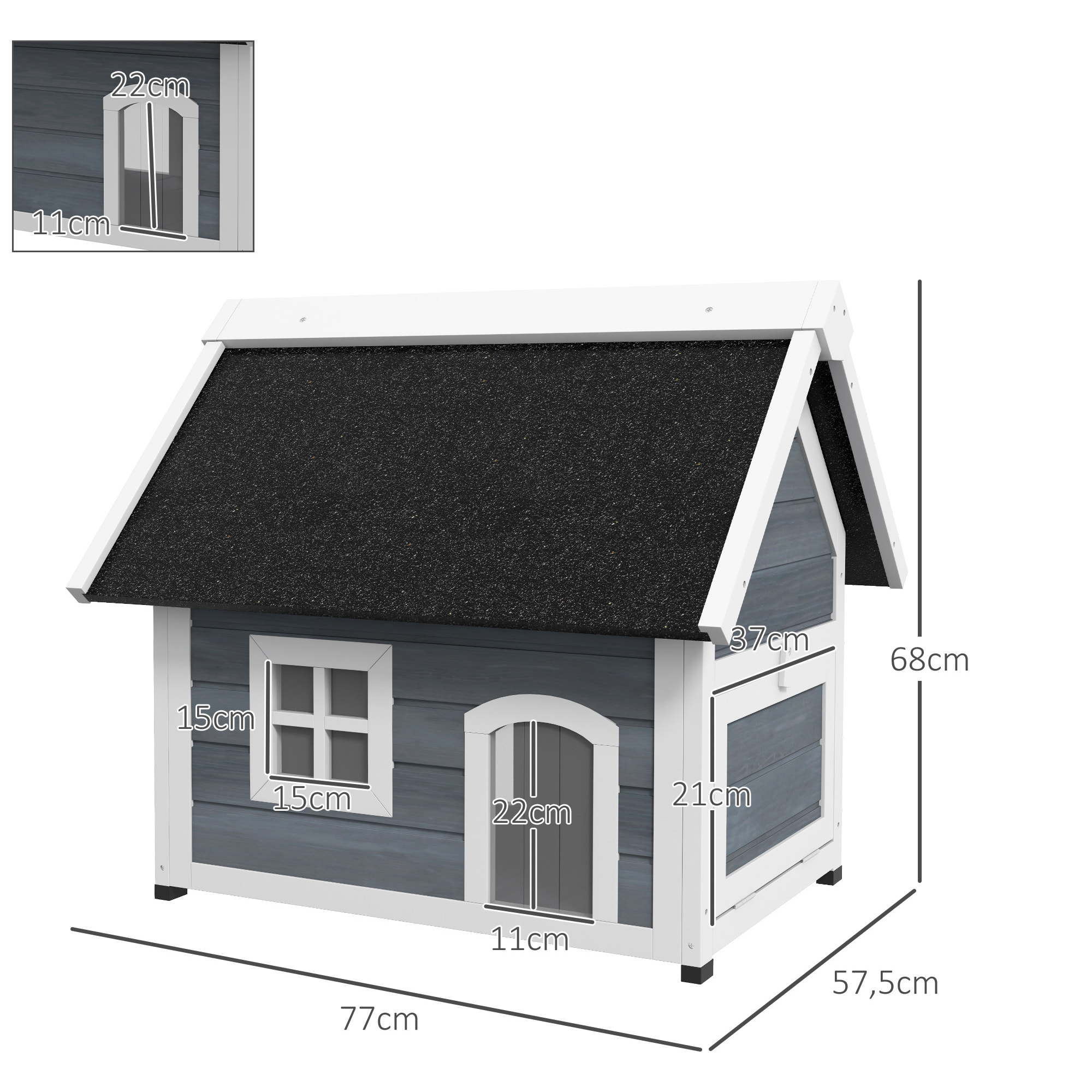 Niche maison pour chat - porte à lamelles, fenêtre plexiglas, toit bitumé ouvrant, 3 portes - bois gris