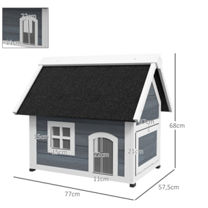 Niche maison pour chat - porte à lamelles, fenêtre plexiglas, toit bitumé ouvrant, 3 portes - bois gris