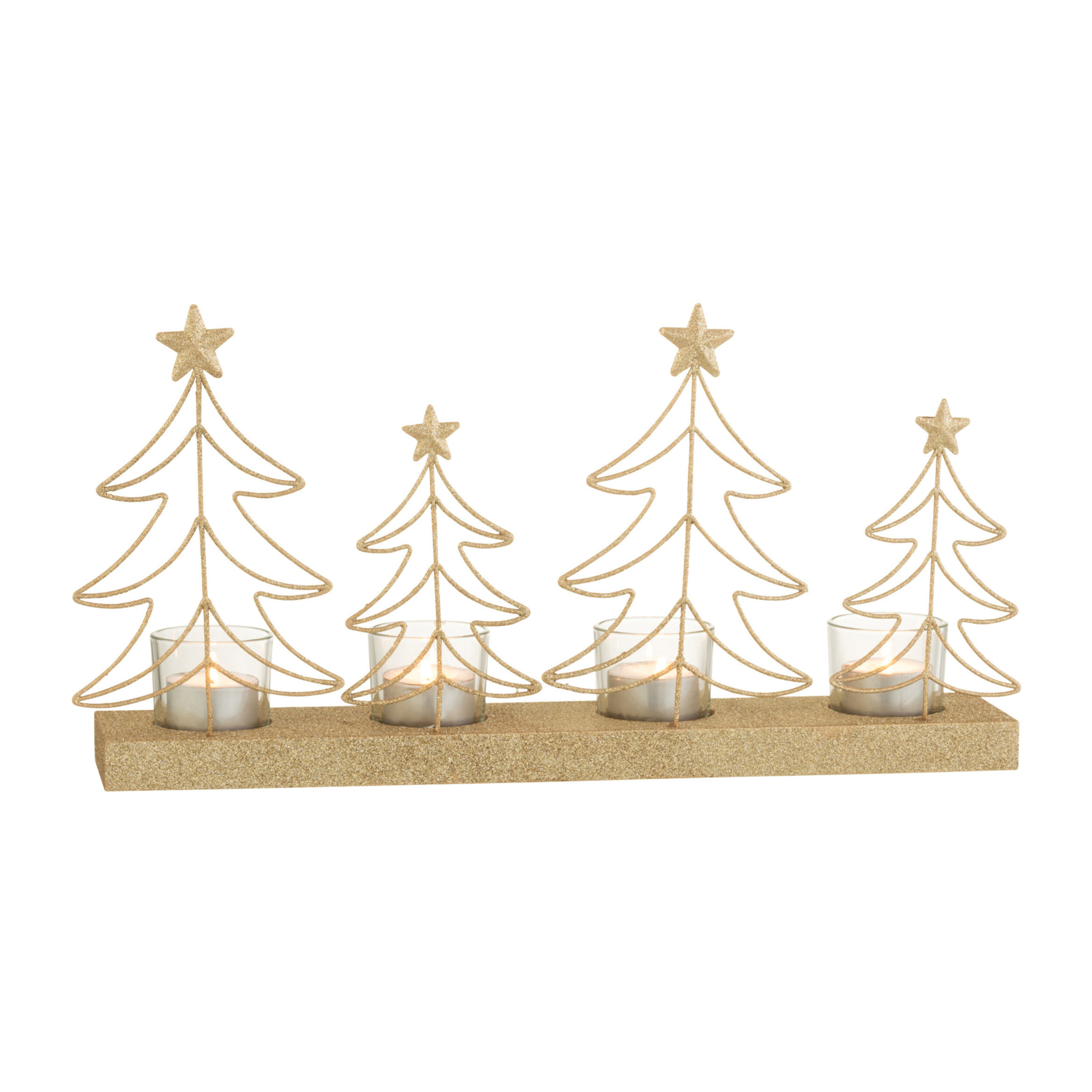 J-Line Photophore Sapins 4 Pieces+Paillettes Bois Or