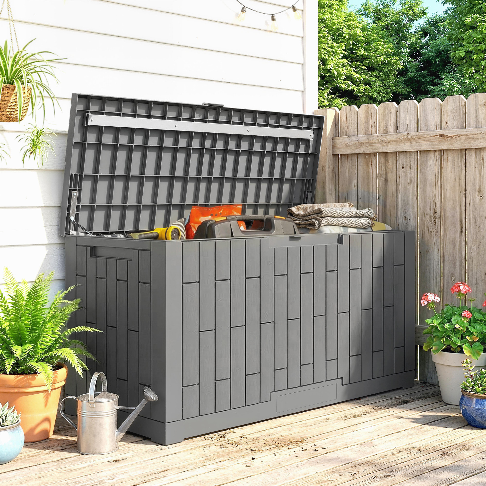 Coffre de jardin 379L verrouillable PP aspect bois gris