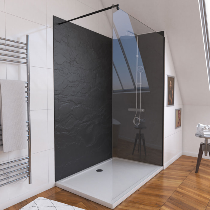 Pack douche à l'Italienne Receveur 90x120 + Paroi transparente + Panneaux muraux finition ardoise