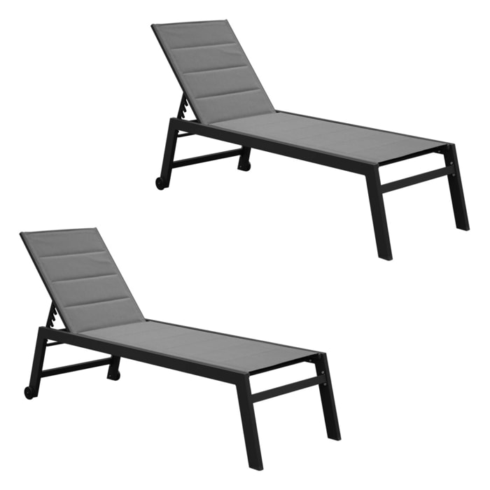 Lot de 2 bains de soleil Solis en textilène matelassé. transats 6 positions. structure gris anthracite. textilène gris
