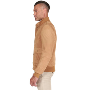 Giacca bomber in pelle camoscio beige con bottoni e tasconi