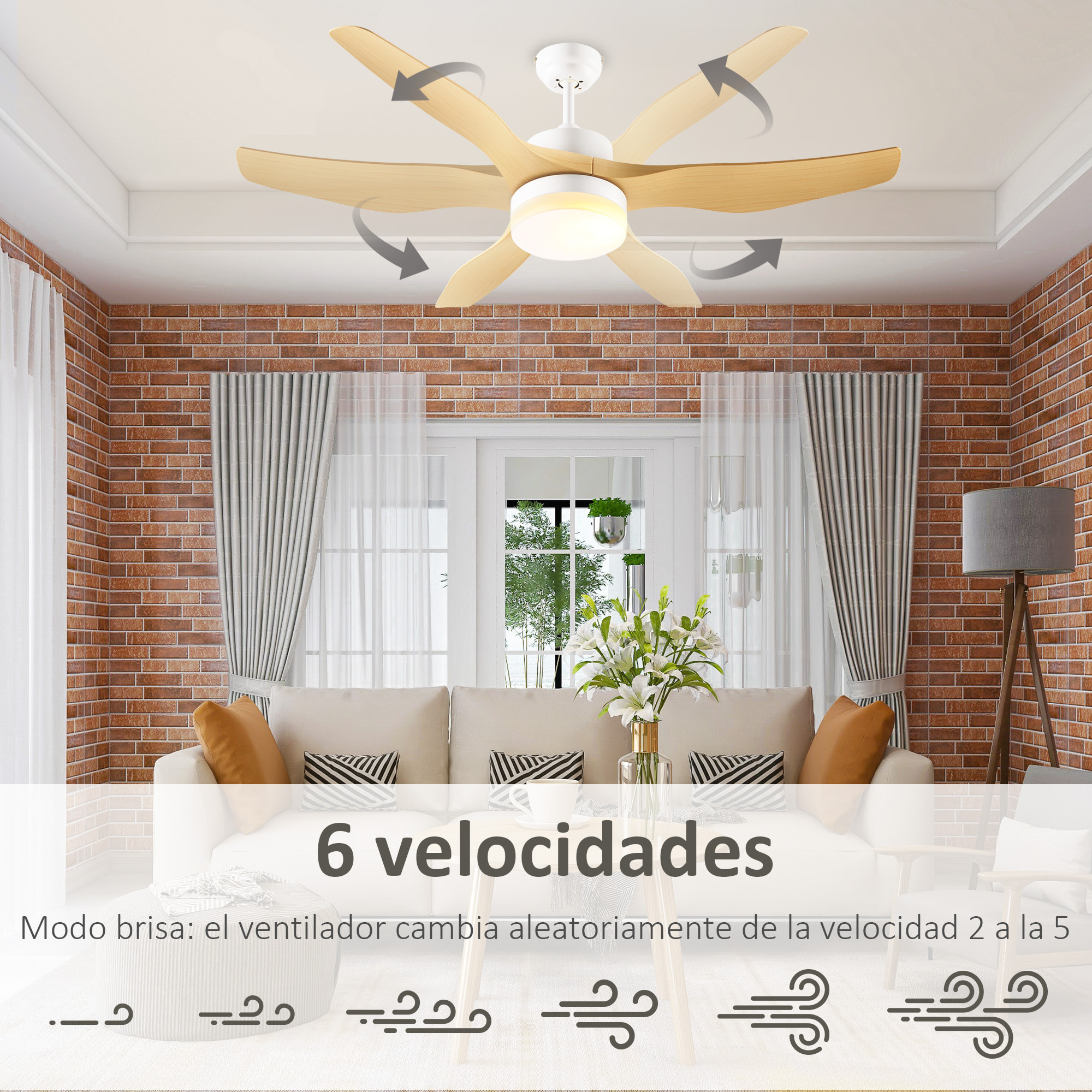 Ventilador de Techo con Luz LED Motor DC 20,5W con Mando a Distancia Ajustable de 3 Niveles 3 Aspas Reversibles 6 Velocidades y Temporizador Ø132x40 cm Natural