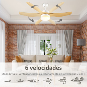 Ventilador de Techo con Luz LED Motor DC 20,5W con Mando a Distancia Ajustable de 3 Niveles 3 Aspas Reversibles 6 Velocidades y Temporizador Ø132x40 cm Natural