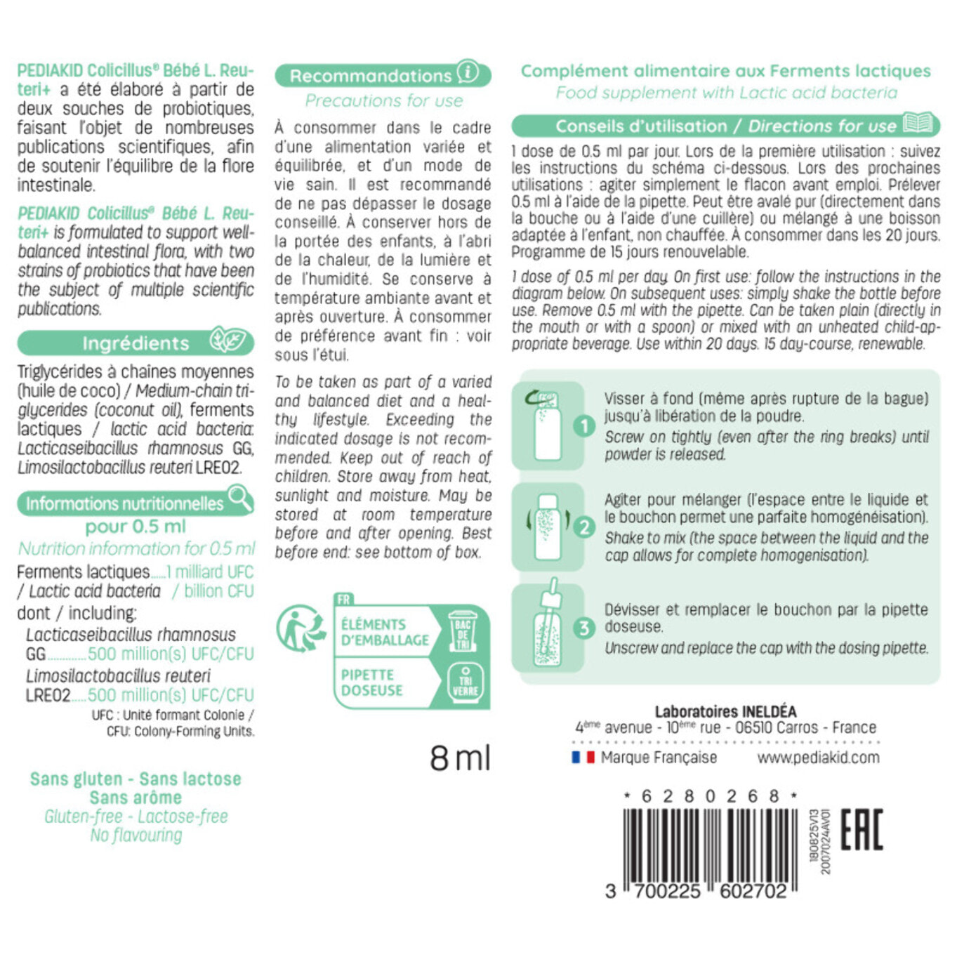 PEDIAKID - Colicillus Bébé - Suspension Huileuse à base de Lactobacillus Rhamnosus GG - Teneur Garantie 1 Milliard par Prise - Réduit les Contractions Abdominales - Goût Neutre - Lot de 2