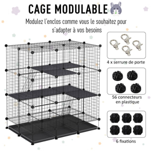 Cage parc enclos rongeurs modulable dim. L 111 x l 75 x H 119 cm 3 niveaux 4 portes fil métallique noir