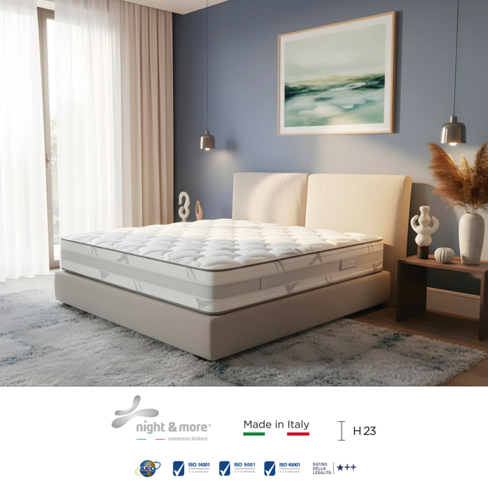 "Dalia" H23 cm 140x190 2 guanciali Memory OMAGGIO sfoderabile in schiuma poliuretanica ad alta densità e Memory Foam con cristalli di gel