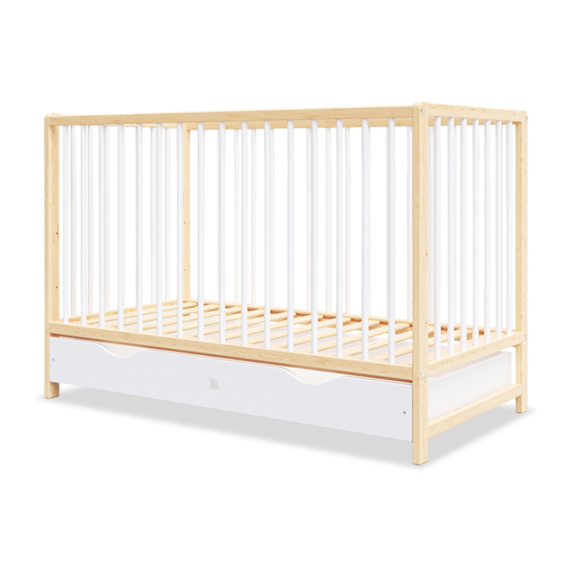 Lit Bébé Évolutif Mathis 60x120 cm, avec Tiroir de Rangement, Sommier Réglable 3 Hauteurs, Barreaux Amovibles, Couleur Bois Naturel et Blanc
