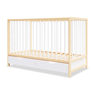 Lit Bébé Évolutif Mathis 60x120 cm, avec Tiroir de Rangement, Sommier Réglable 3 Hauteurs, Barreaux Amovibles, Couleur Bois Naturel et Blanc