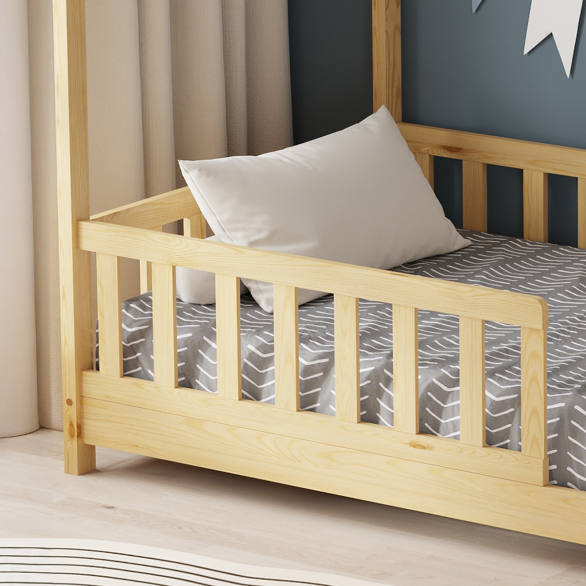 Lit Cabane Tchoupi 90 x 190 cm, Couleur Bois, Bois de Pin Naturel, avec barrières latérales de sécurité