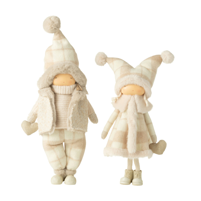J-Line décoration Garçon + Fille Hiver Coeur - polyrésine - beige - large - 2 pcs