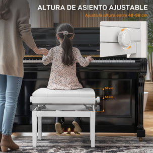 Banqueta para Piano Banco para Piano con Ajustable en Altura de 48 a 58 cm Espacio de Almacenamiento Patas de Madera Taburete para Teclado Acolchado Blanco