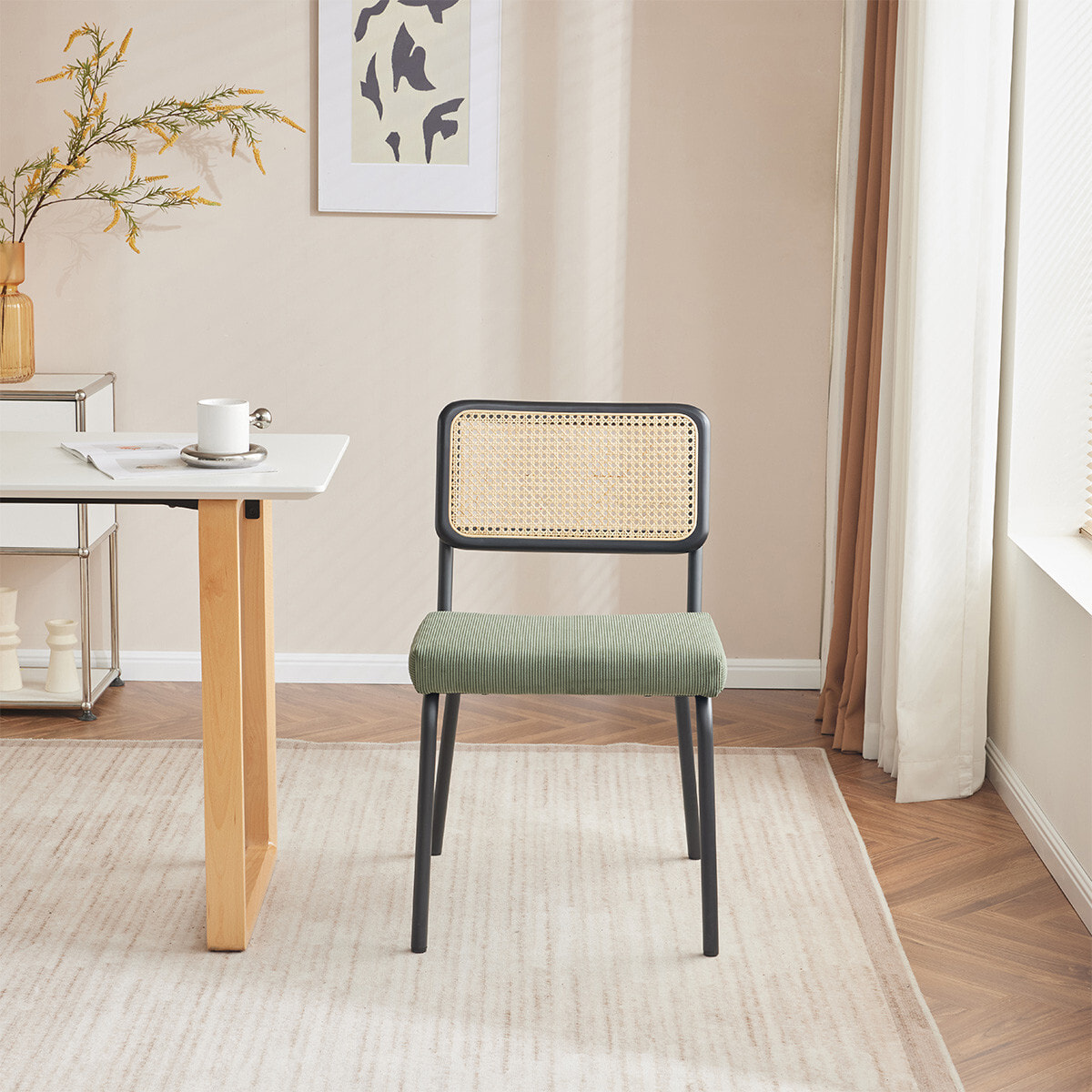 Lot de 2 chaises noires, cannage et velours côtelé - PAULA