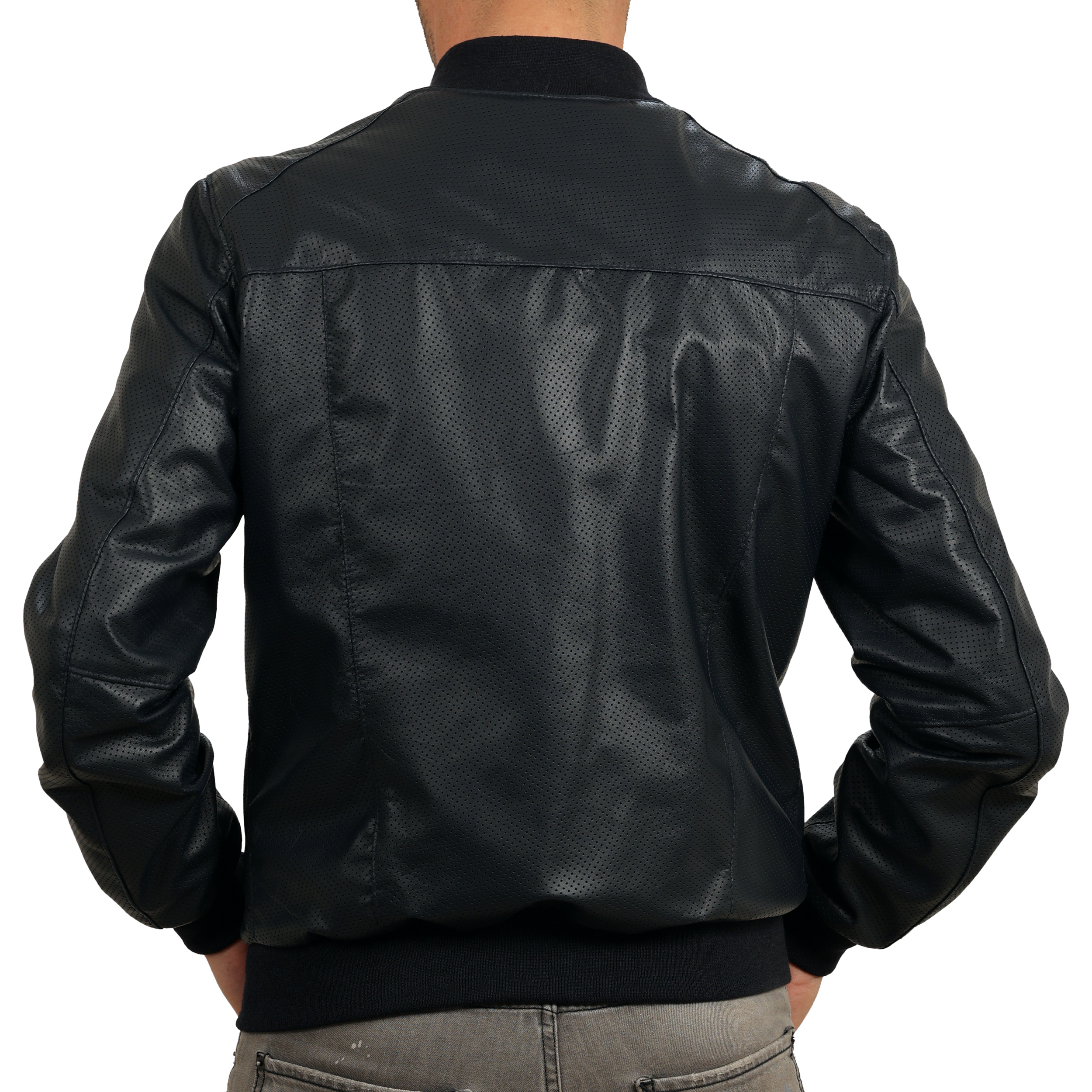 Bomber in pelle di vitello traforato Blu-Slim Fit