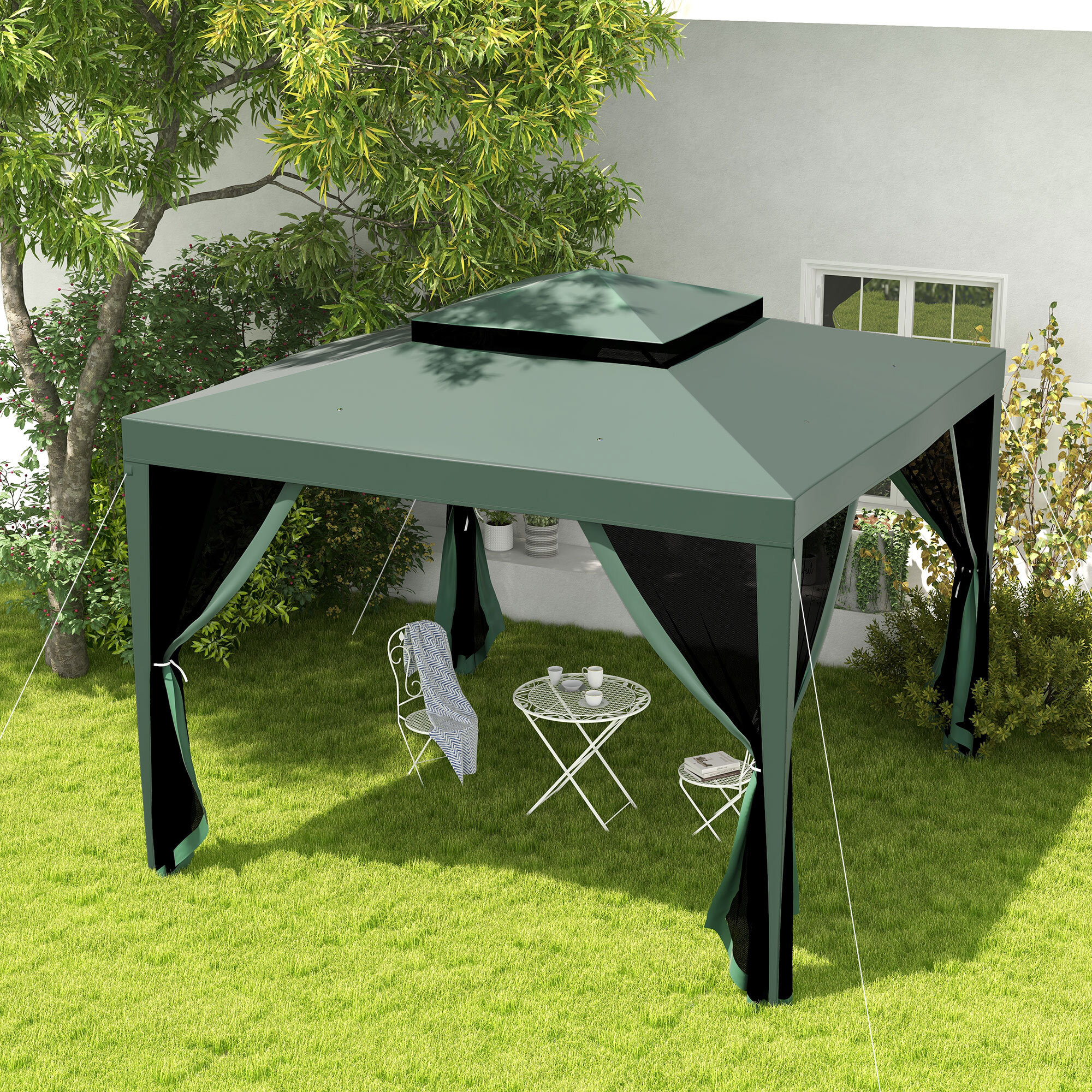 Carpa de Jardín 3x3 m Cenador Gazebo con 4 Mosquiteras Laterales Techo Doble 8 Orificios de Drenaje y Marco de Metal para Terraza Patio Exterior Verde