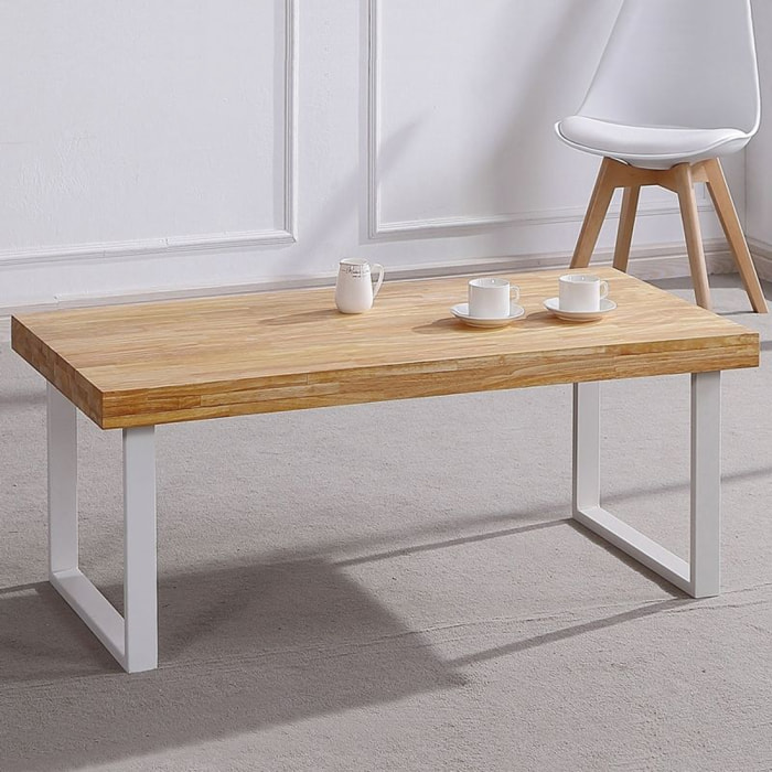 Mesa de centro fija con patas metálicas en blanco y roble salvaje 120x60 cm Natural Roble salvaje - Blanco