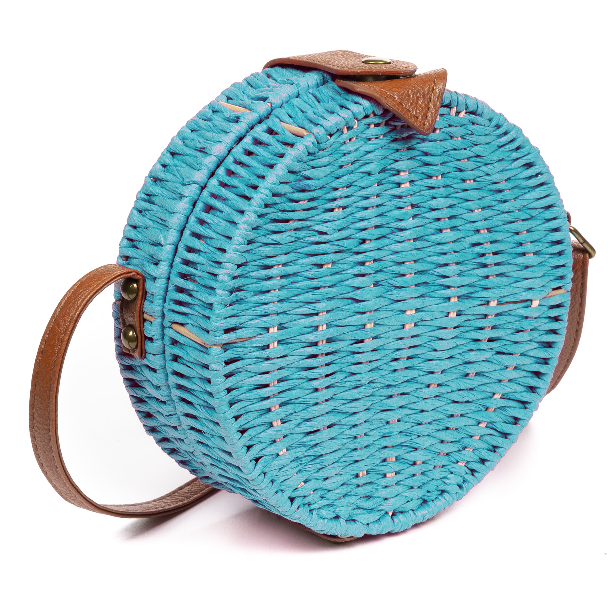 IRIA QUINTANA Borsa a tracolla da donna Cuneo. Tessuto Paglia Pelle Sintetica PU 18x4x18 Cm. Azzurro