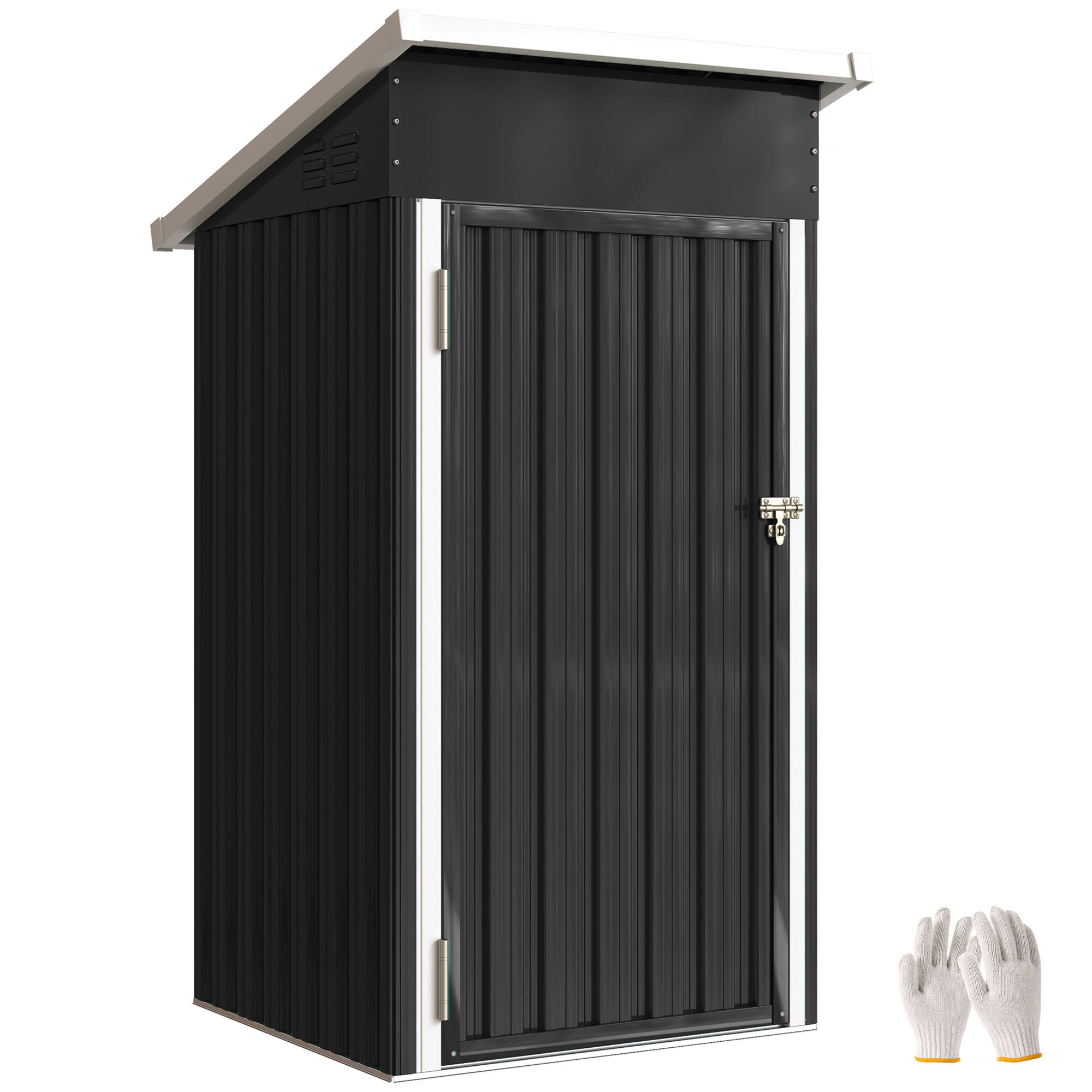 Caseta de Jardín Exterior 0,74 m², 107,5x91x185 cm, Cobertizo de Jardín Exterior Metálico con Techo Inclinado, Puerta con Cerradura y Ventilaciones para Almacenamiento de Herramientas, Gris