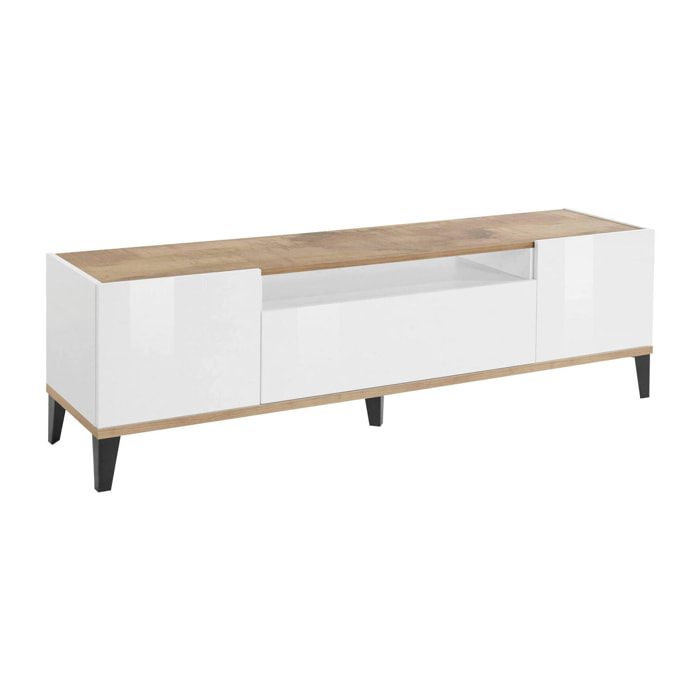 Mobile porta TV Argentoro, Credenza bassa da soggiorno a 2 ante, Base porta televisione, 100% Made in Italy, cm 160x40h47, Bianco lucido e Acero