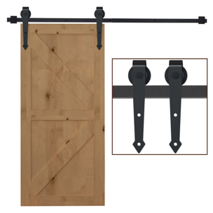 HOMCOM 200cm/6.6FT Herraje para Puerta Corredera Tipo Flecha Kit de Accesorios para Puerta Corrediza Granero de Madera con Guía de Suelo Riel Acero al Carbono Negro