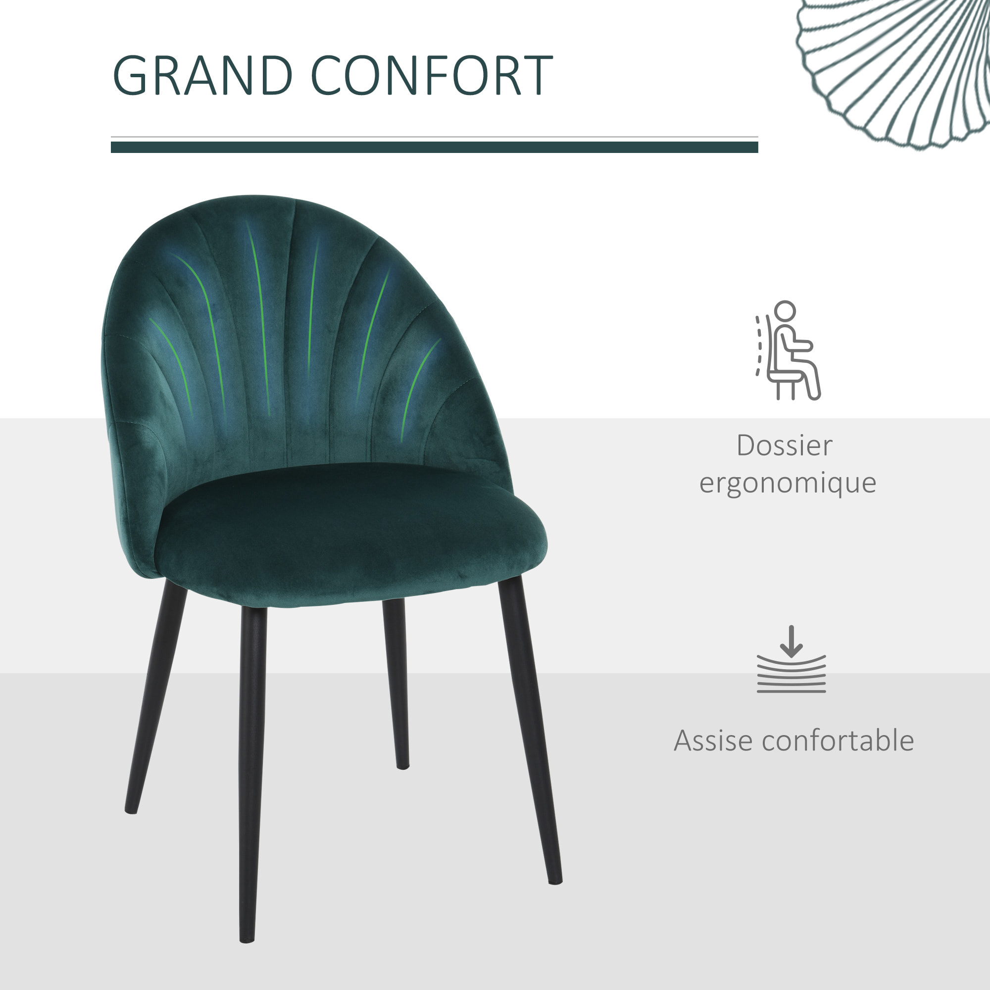 Lot de 2 chaises velours vert pieds métal noir dim. 52L x 54l x 79H cm