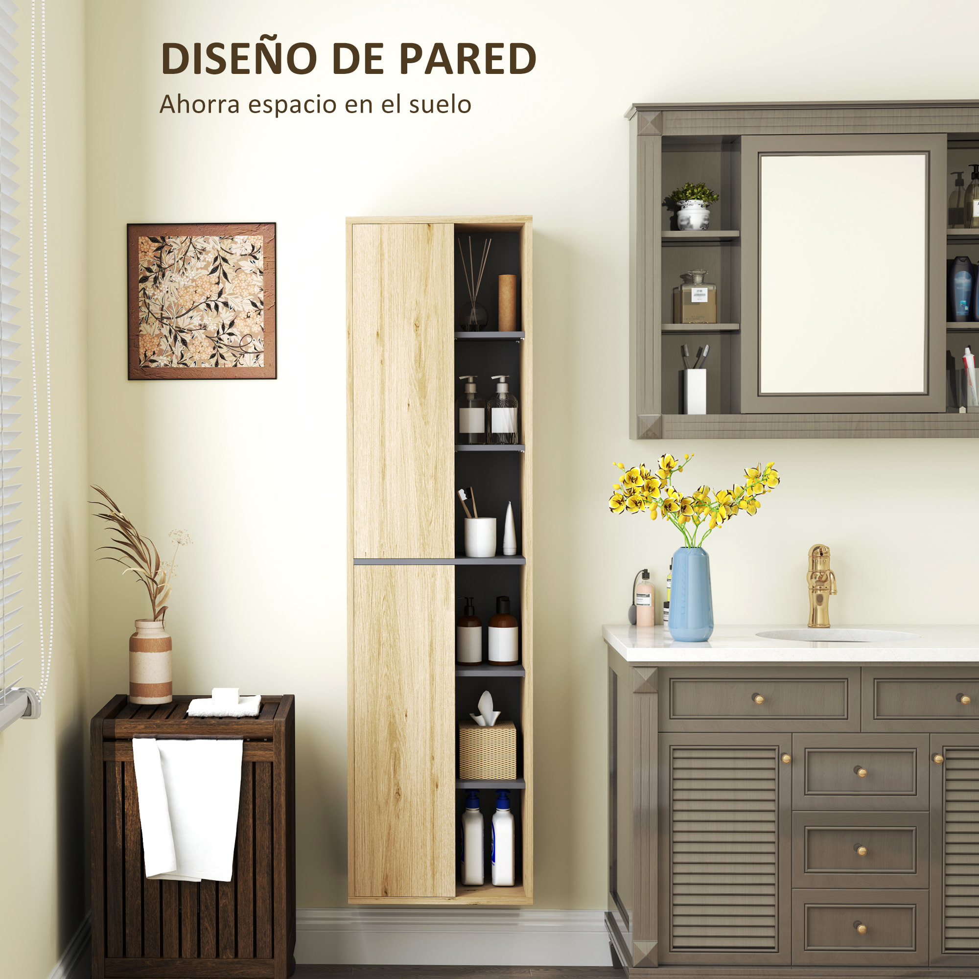 Columna de Baño de Pared Armario de Baño con Compartimentos Abiertos y 2 Puertas Mueble de Baño Moderno 40x24x141,5 cm Natural