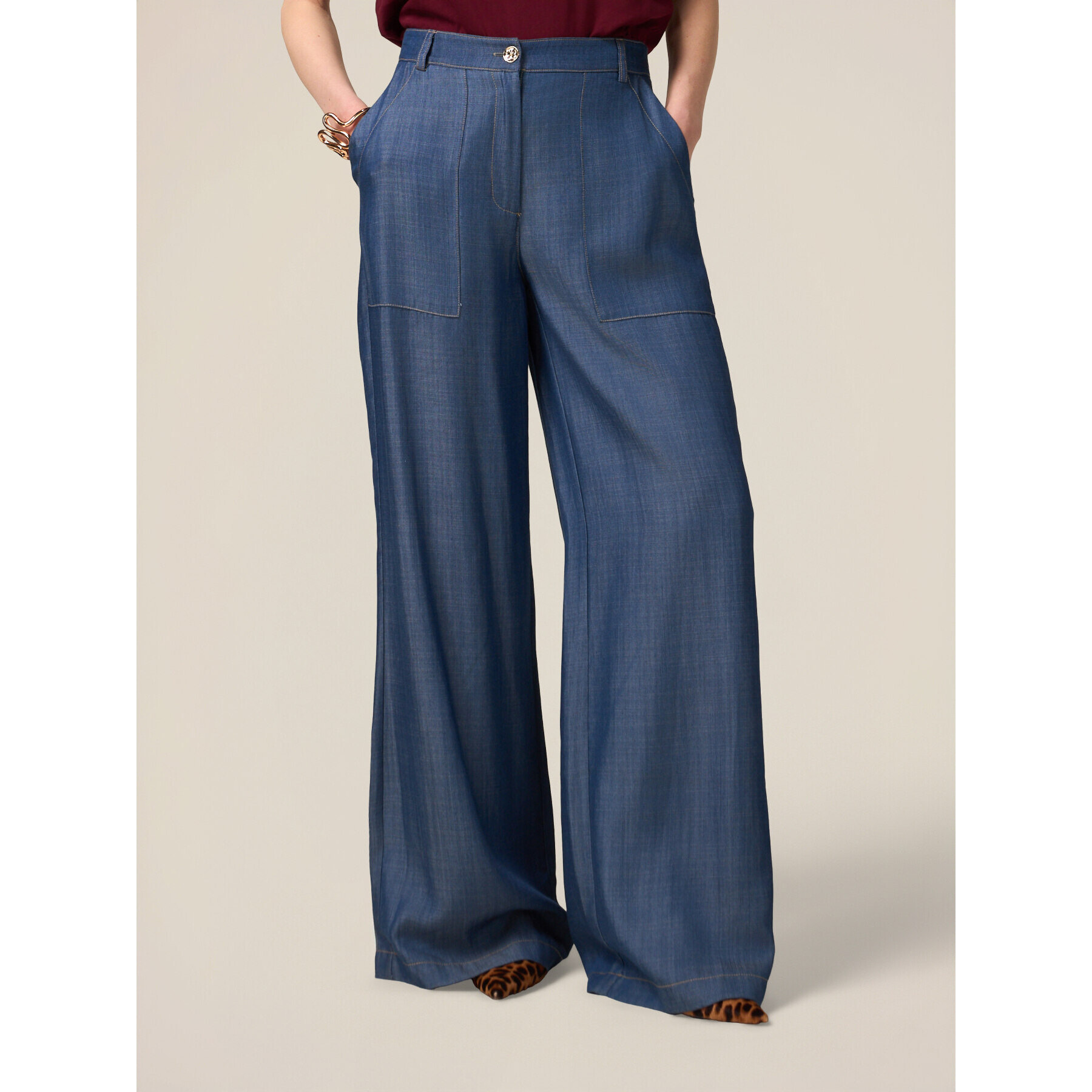 Oltre - Jeans a palazzo in raso di tencel - Blu