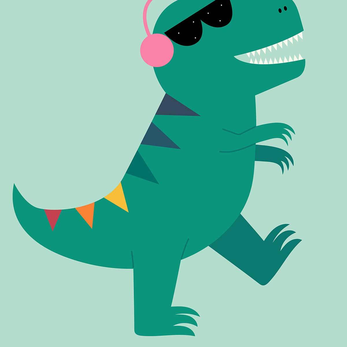 Affiche enfant dino music  Affiche + cadre en bois - Chêne