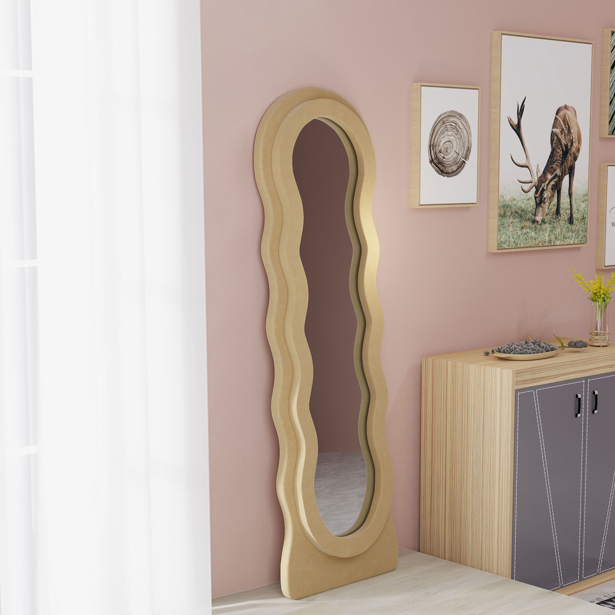 Espejo de Cuerpo Entero 160x50 cm Espejo de Pie o de Pared Diseño Ondulado Marco con Tela de Terciopelo para Salón Dormitorio Beige
