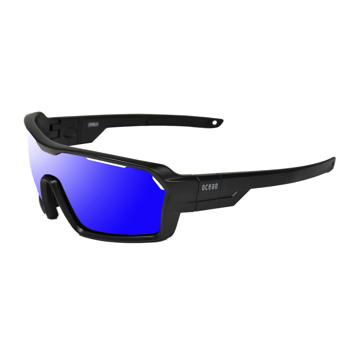 Gafas de deportes acuáticos OCEAN CHAMELEON - Negro mate / Revo azul con plaquetas puntas y espuma negras con correa negra