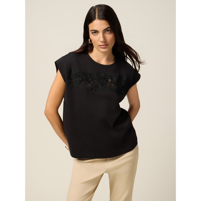 Oltre - T-shirt in jersey con inserto in pizzo - Nero