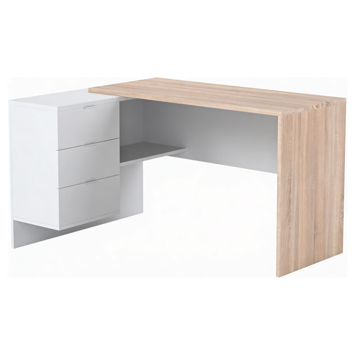 Scrivania Ufficio Studio Reversibile Con Cassettiera A 3 Cassetti Tavolo Da Lavoro Moderno Design Salvaspazio 145 x 108 x 73 Cm Rovere E Bianco Opaco