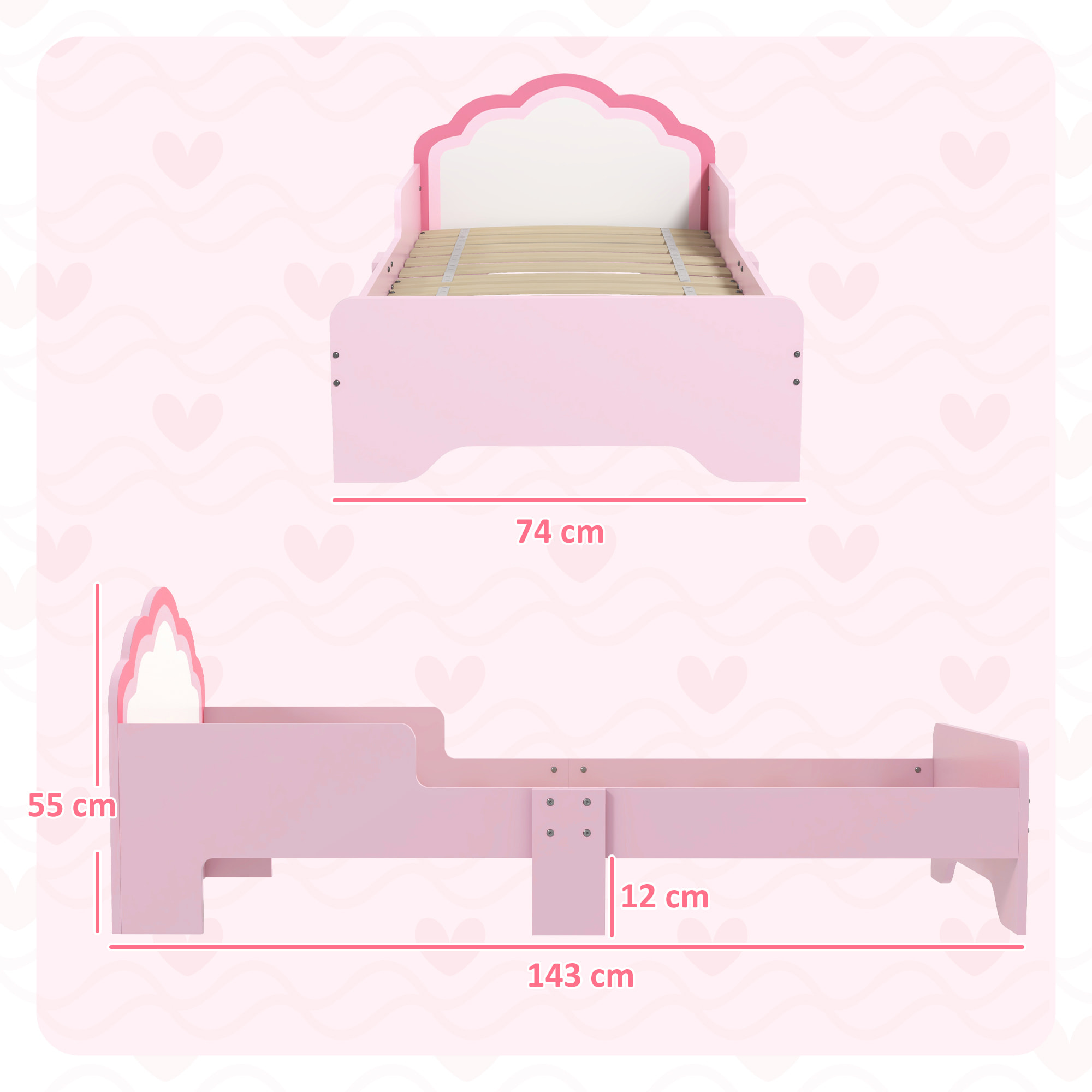 Cama Infantil 70x140 cm, Cama para Niños con Barrera Anticaídas y Somier, Cabecero en Forma de Nube, Rosa