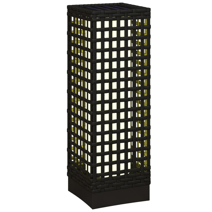Linterna de Jardín de Ratán Sintético Farola Solar con Luces LED Encendido y Apagado Automático para Terraza Balcón Patio 15,5x15,5x46 cm Negro