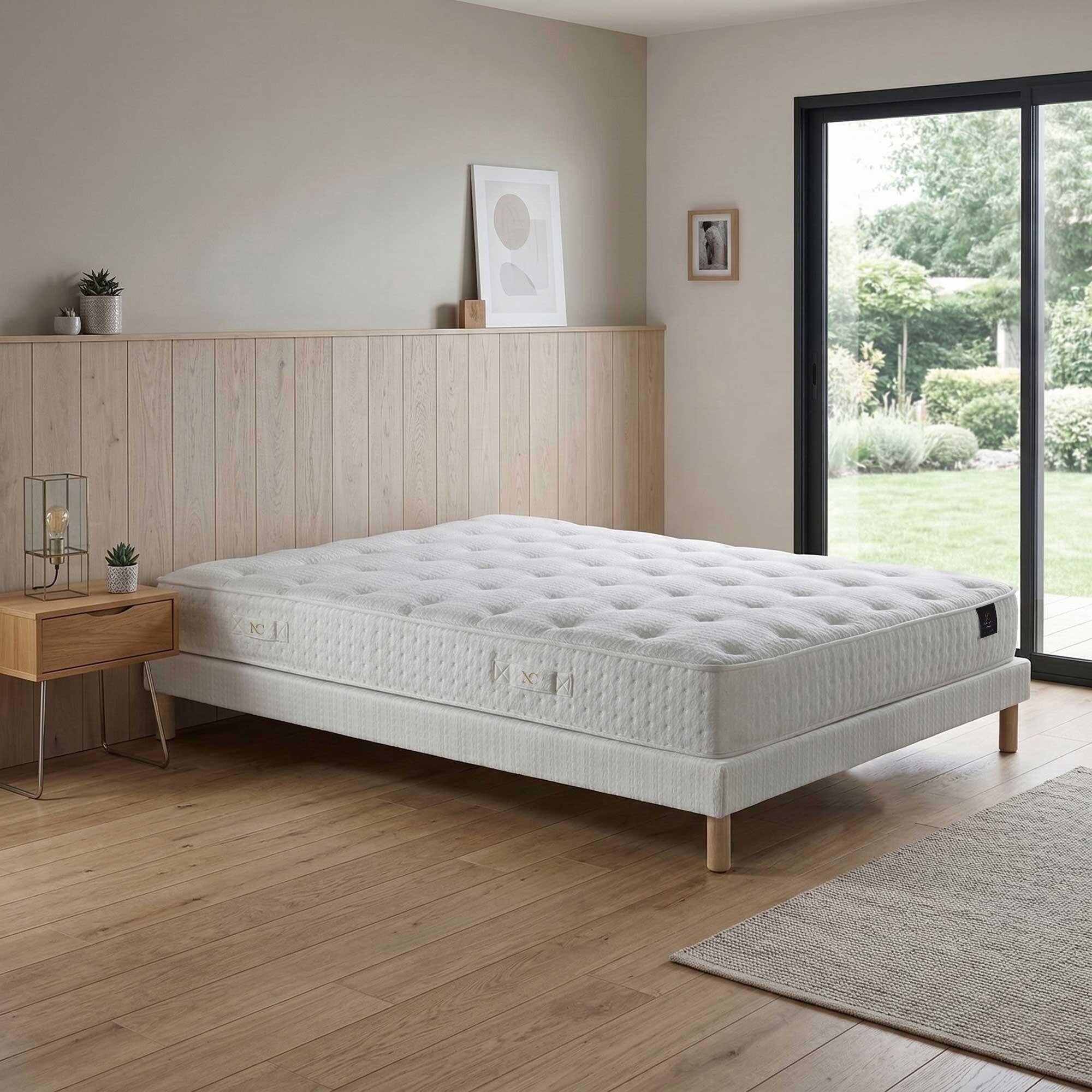 Ensemble matelas ressorts ensachés ARTÉMIS 2, accueil mémoire de forme, H26 cm, sommier blanc pieds de poules