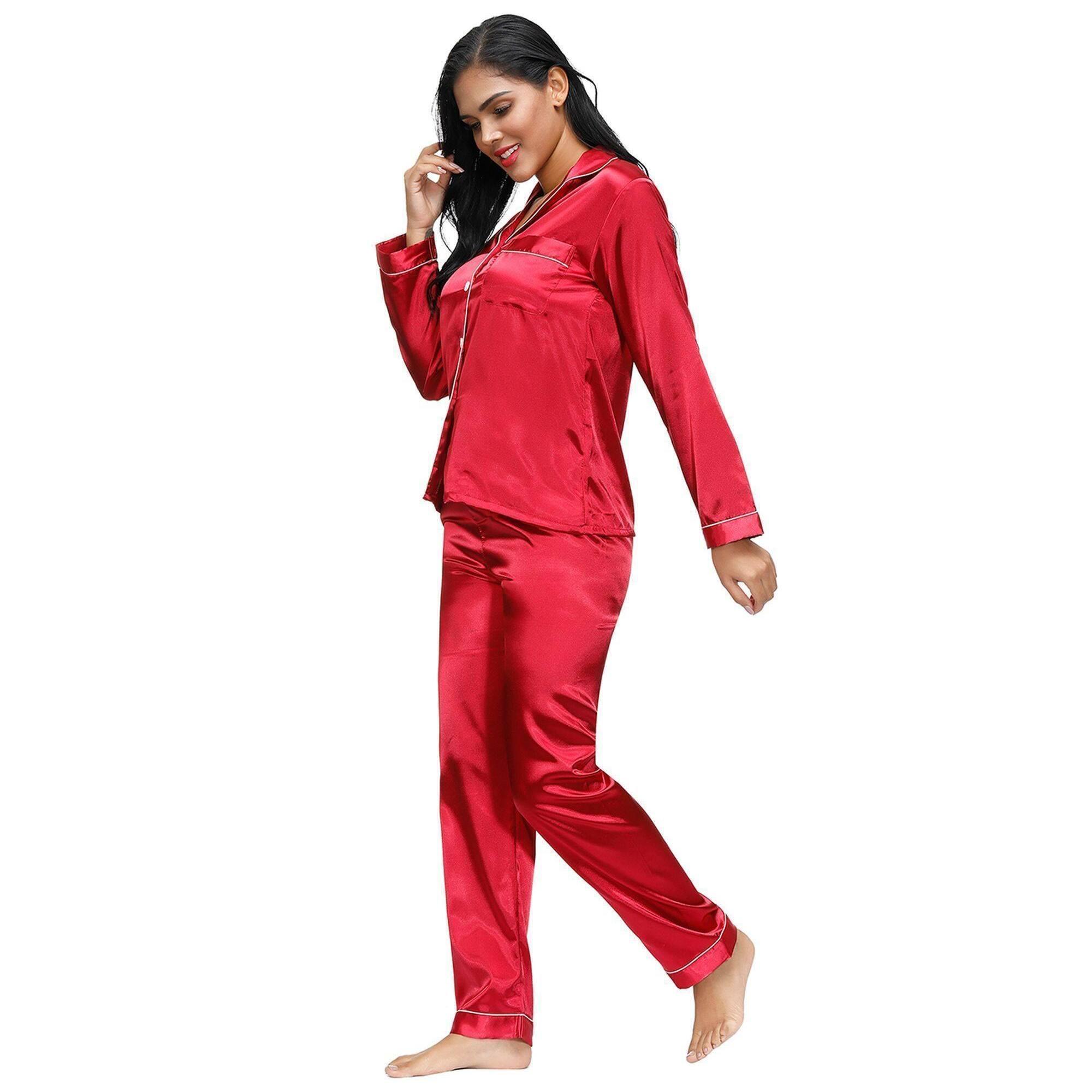 Conjunto de dos piezas ropa de dormir de seda clásica de manga larga rojo