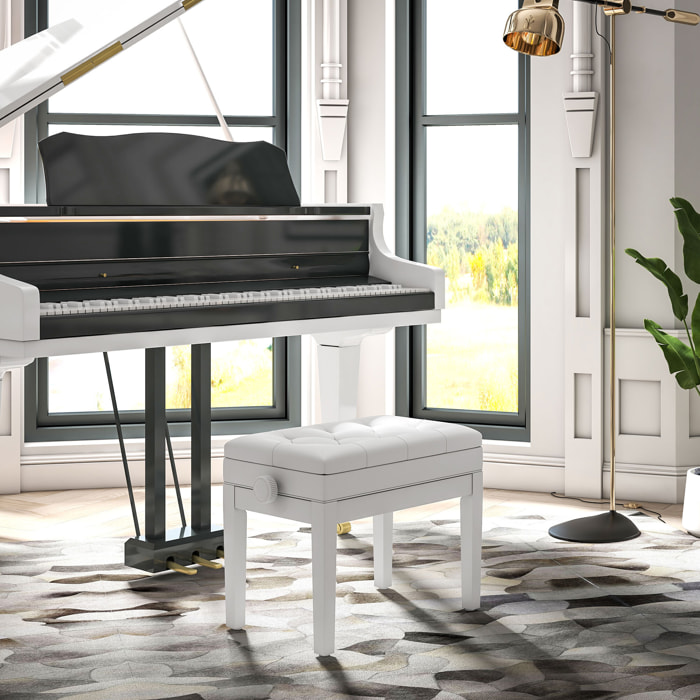 Banquette tabouret siège pour piano hauteur réglable 55L x 33l x 48-58H cm coffre de rangement interne assise revêtement synthétique capitonné bois blanc